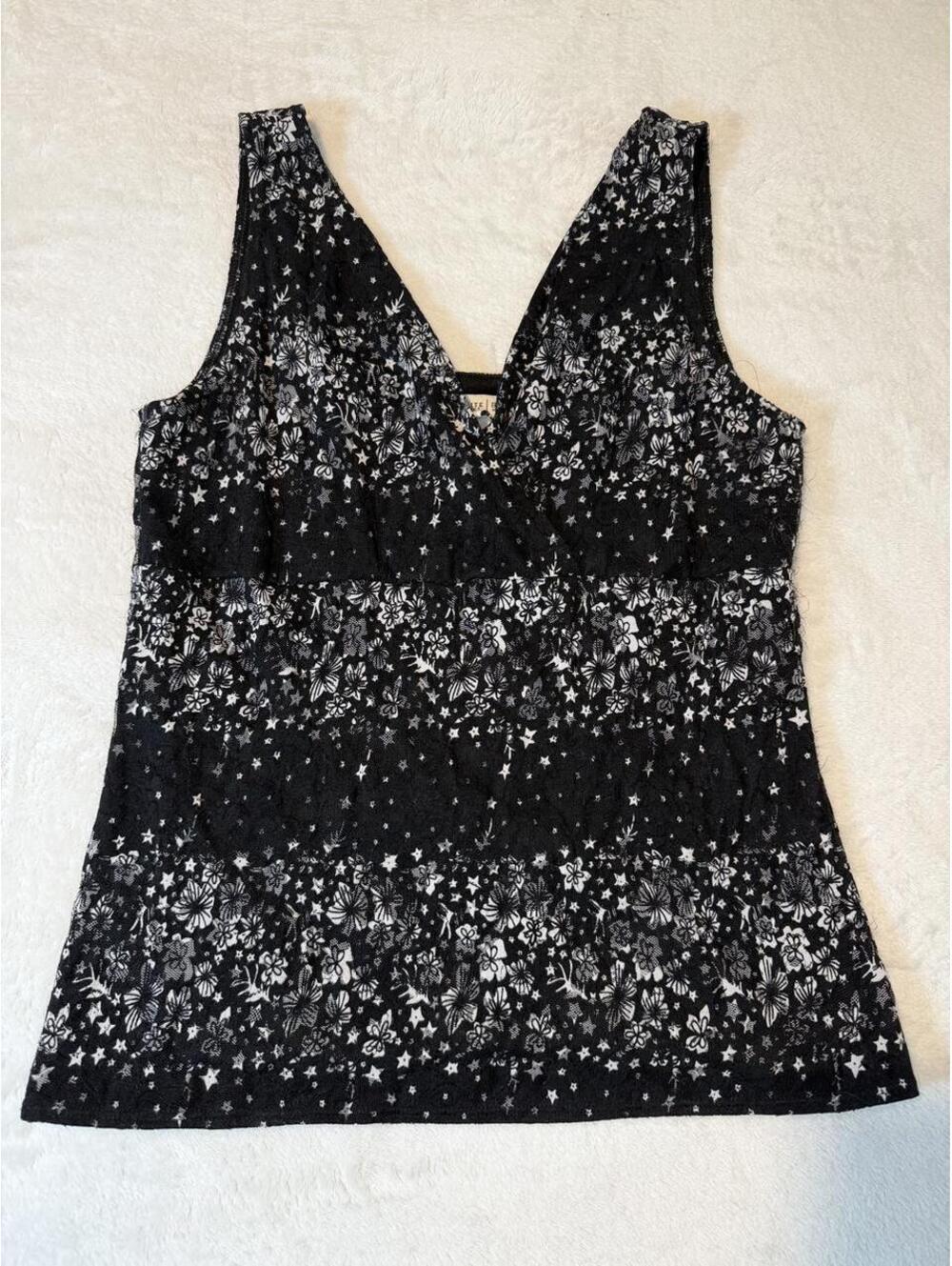 Floral Star Lace Cami Black White V-Neck Layered Tank Large WHBM